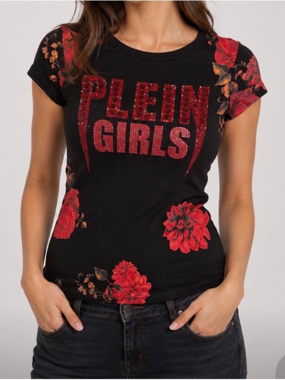 Phillip Plein Couture Black & Red Floral ‘Plein Girls’ Rhinestone Top NWOT